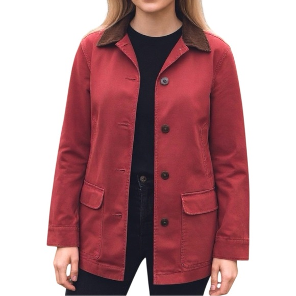 LL Bean Vintage Red Adirondack Flannel Lined Cotton Barn Coat Corduroy Details - Picture 1 of 14